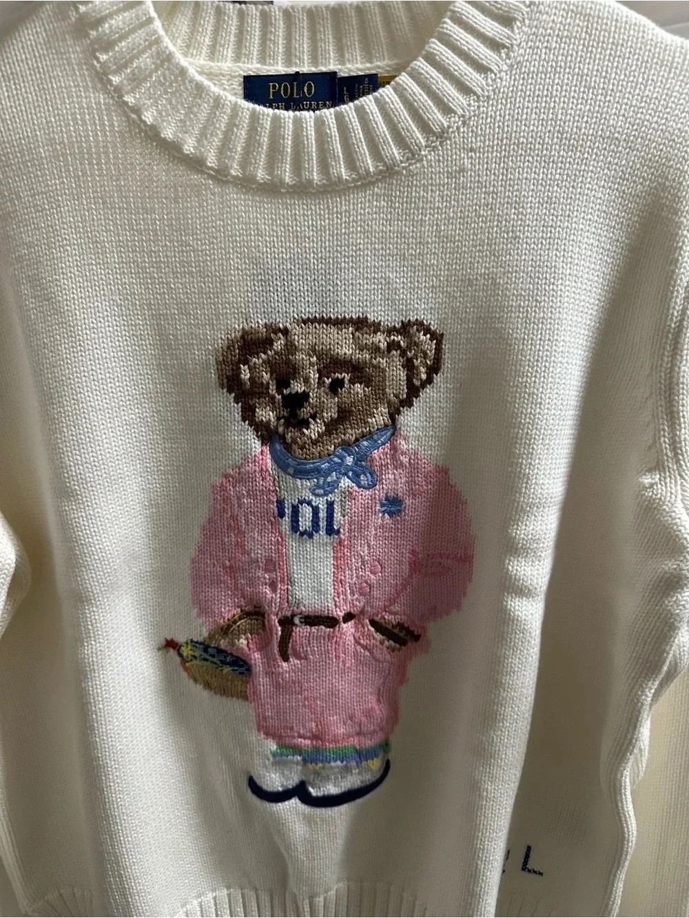 Polo by Ralph Lauren Cream Teddy Bear Crewneck Sweater with Pink Coat - Picture 2 of 5
